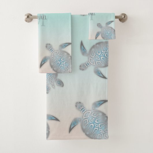 Silver Turtles Initialen Jouw naam Turquoise Beige Bad Handdoek (Insitu)