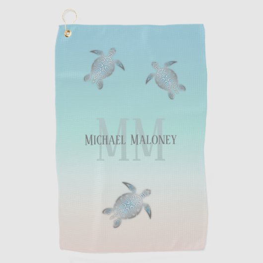 Silver Turtles Initialen Jouw naam Turquoise Beige Golfhanddoek (Voorkant)