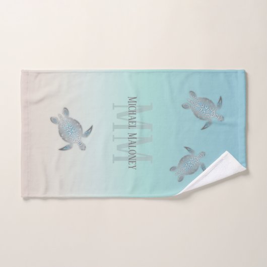 Silver Turtles Initialen Jouw naam Turquoise Beige Handdoek (Handdoek)