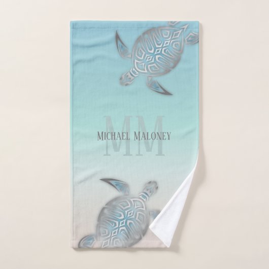 Silver Turtles Initialen Jouw naam Turquoise Beige Handdoek (Handdoek)