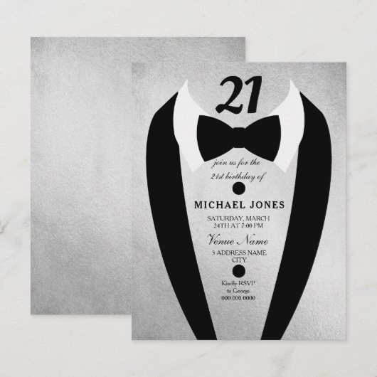 Silver Tuxedo Mannen 21st Birthday Party Invite Kaart (Voorkant / Achterkant)