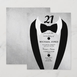 Silver Tuxedo Mannen 21st Birthday Party Invite Kaart