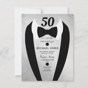 Silver Tuxedo Mannen 50th Birthday Party Invitatio Kaart