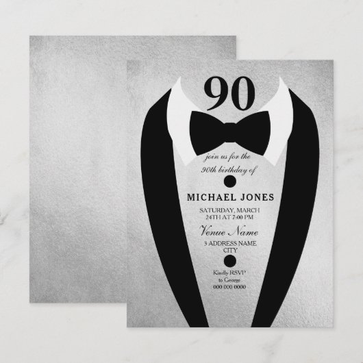 Silver Tuxedo Mens 90e anniversaire Invitation de  (Devant / Derrière)