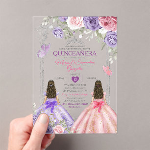Silver Twin Princess Paarse en roze Quinceañera Acryl Uitnodigingen