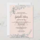 Silver typografie Floral blush roze Bat Mitzvah Kaart (Voorkant)
