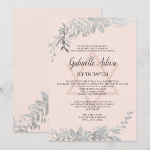 Silver typografie Floral blush roze Bat Mitzvah Kaart