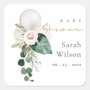 SILVER UIT WITTE BALLOON FLORAL BUNCH BABY SHOWER VIERKANTE STICKER