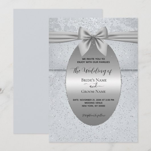 Silver Vintage with Bow Wedding Invitation (Devant / Derrière)
