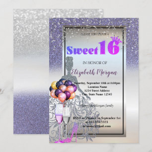 Silver Violet Glitter Dress, Glass Sweet 16 Party Kaart