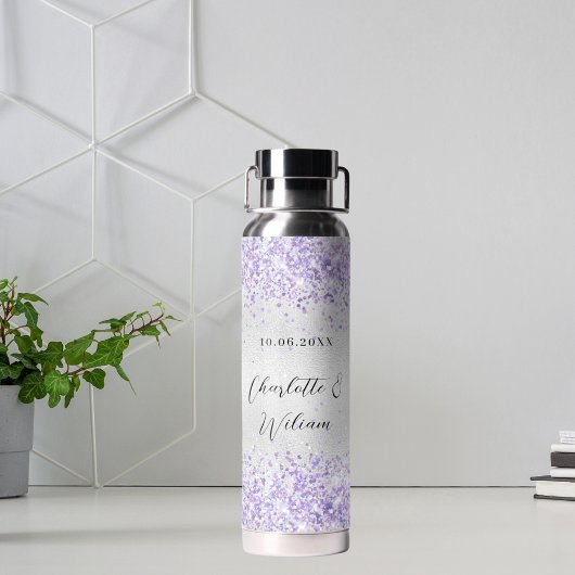 Silver violet glitter elegant bruiloft waterfles