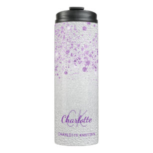 Silver violet glitter monogram initialen thermosbeker