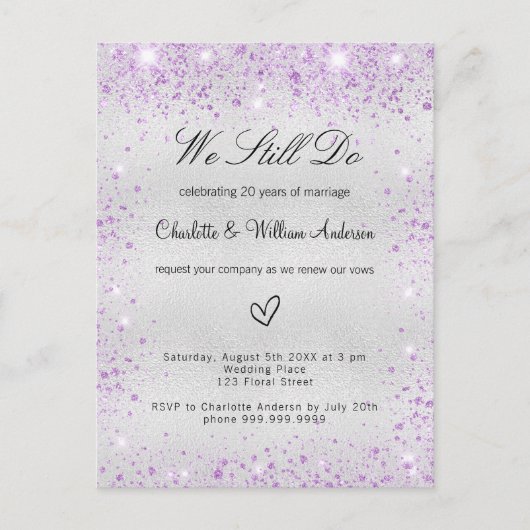 Silver violet vow trouwverlenging uitnodiging briefkaart (Voorkant)