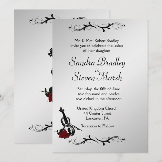 Silver Violin Music Wedding Invitation 5" x 7" Kaart (Voorkant / Achterkant)
