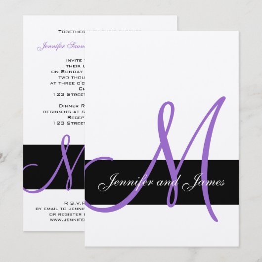 Silver Wedding Invitation Paarse Monogram Names Kaart (Voorkant / Achterkant)