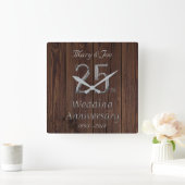 Silver Wedding Jubileum 25th Jubileum Rustic Vierkante Klok (Huis)