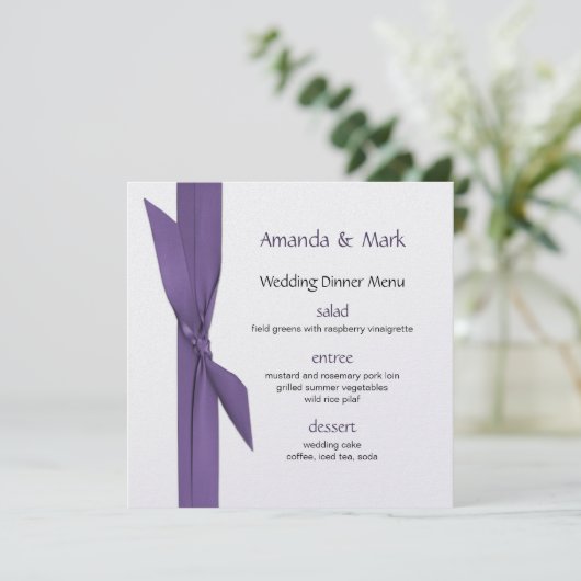 Silver Wedding Menu met Paars lint (Staand voorkant)