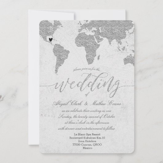 Silver Wereldkaart Destination Wedding Invitation Kaart (Voorkant)