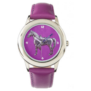 SILVER WESTERNE HORSE Paarse Leder Watch Horloge