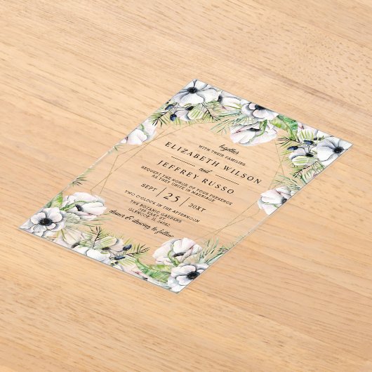 Silver White Anemone Gold Geometric Weddenschap Acryl Uitnodigingen (Laagn)