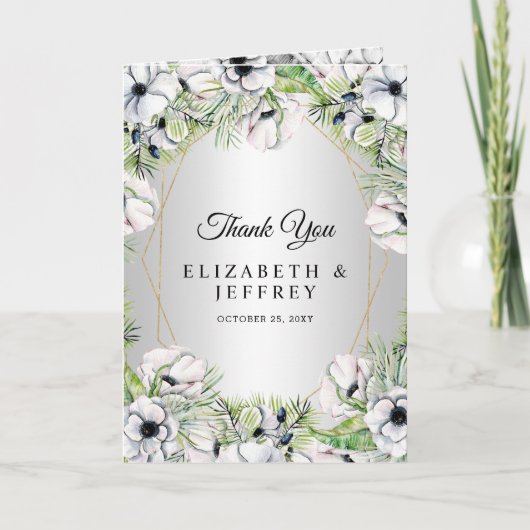 Silver White Anemone Gold Geometric Weddenschap Bedankkaart (Voorkant)