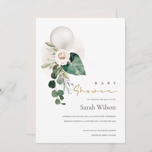 SILVER WHITE BALLOON FLORAL BABY SHOWER INVITE BEDANKKAART (Voorkant / Achterkant)