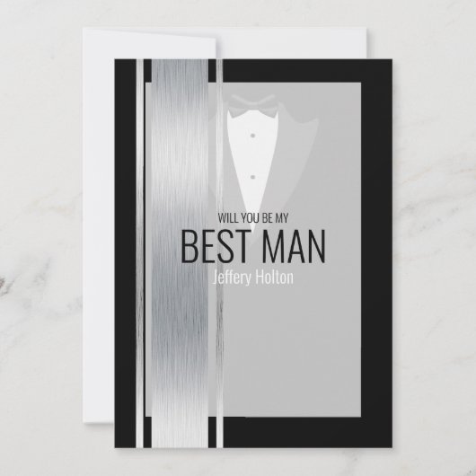 Silver, white & black stripe tuxedo best man aankondiging (Voorkant)