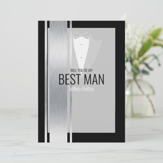 Silver, white & black stripe tuxedo best man aankondiging (Staand voorkant)