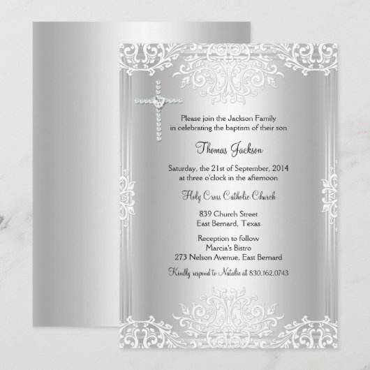 Silver White Damask Baptism/Christening Invite Kaart (Voorkant / Achterkant)