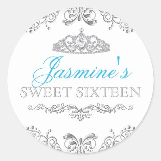Silver White Damask & Tiara Sweet 16 Sticker (Voorkant)