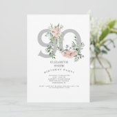 Silver & White Elegant Pink Rose 90th Invitation Kaart (Staand voorkant)
