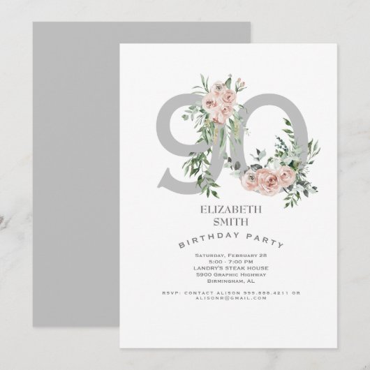Silver & White Elegant Pink Rose 90th Invitation Kaart (Voorkant / Achterkant)