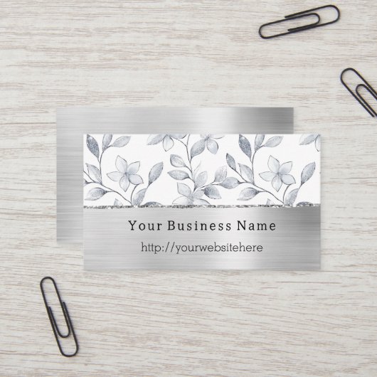 Silver White Floral Business name website Visitekaartje (Voorkant / Achterkant in situ)