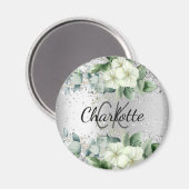 Silver White florals elegant monogram name Magneet (Voorkant / Achterkant)