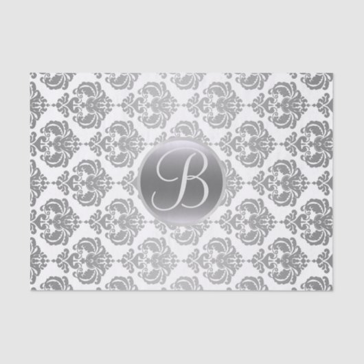 Silver White Glam Damask Monogram Letter Initiaal Tissuepapier (Voorkant)