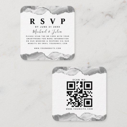Silver White Glitter Agate Wedding QR Code RSVP Informatiekaartje (Voorkant / Achterkant)