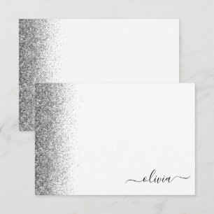 Silver White Glitter Script Monogram Girly Bedankkaart
