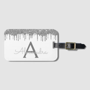 Silver White Glitter Sparkle Monogram Naam Bagagelabel