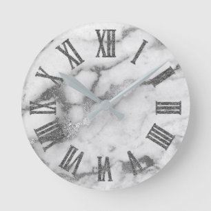 Silver White Grey Carrara Marble Stone Roman Numbe Ronde Klok