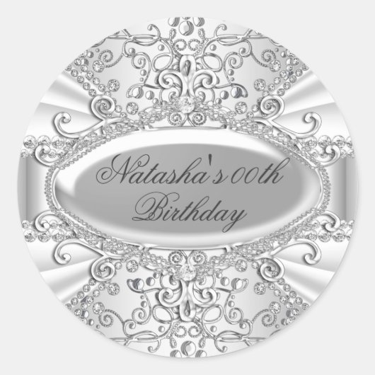 Silver & White Jewel Damask Birthday Sticker (Voorkant)
