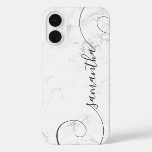 Silver White Marble Curly Signature iPhone 16 Hoesje