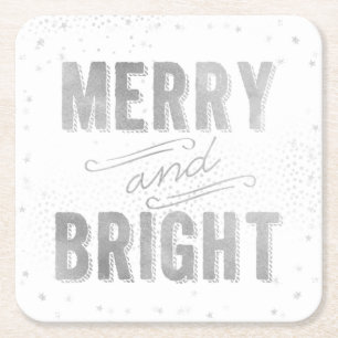 Silver & White Merry en Bright Winter Holiday Vierkante Kartonnen Onderzetter