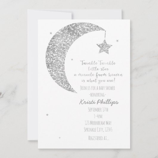 Silver White Moon & Stars Baby Shower Invitations (Devant)