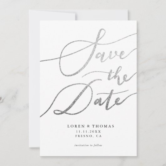 Silver White Script Typografie Save The Date (Voorkant)