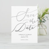Silver White Script Typografie Save The Date (Staand voorkant)