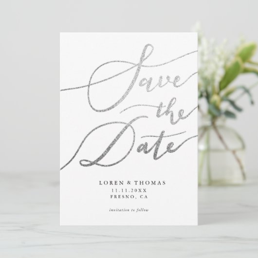 Silver White Script Typografie Save The Date (Staand voorkant)