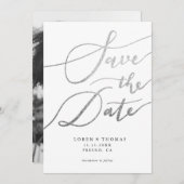 Silver White Script Typografie Save The Date (Voorkant / Achterkant)