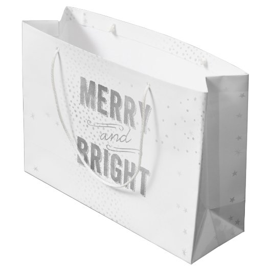 Silver & White Snowflake Merry and Bright Holiday Groot Cadeauzakje (Achterkant Gekanteld)