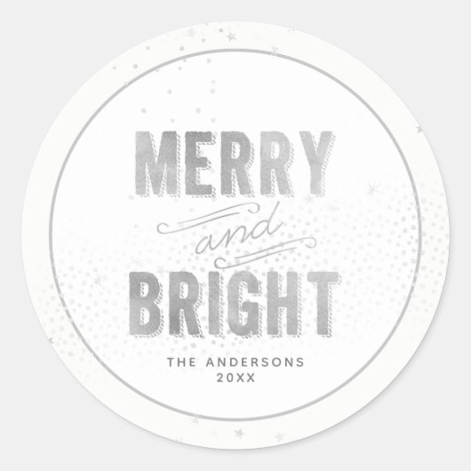 Silver & White Snowflake Merry and Bright Holiday Ronde Sticker (Voorkant)