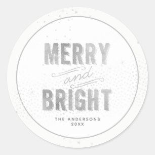 Silver & White Snowflake Merry and Bright Holiday Ronde Sticker